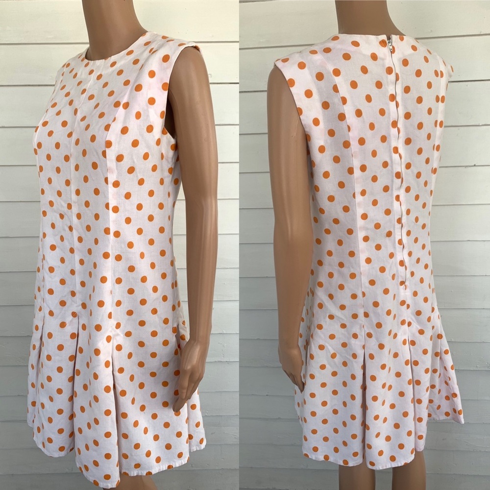 60s Vintage Polka Dot Dress Pleated Orange White Sleeveless S M
